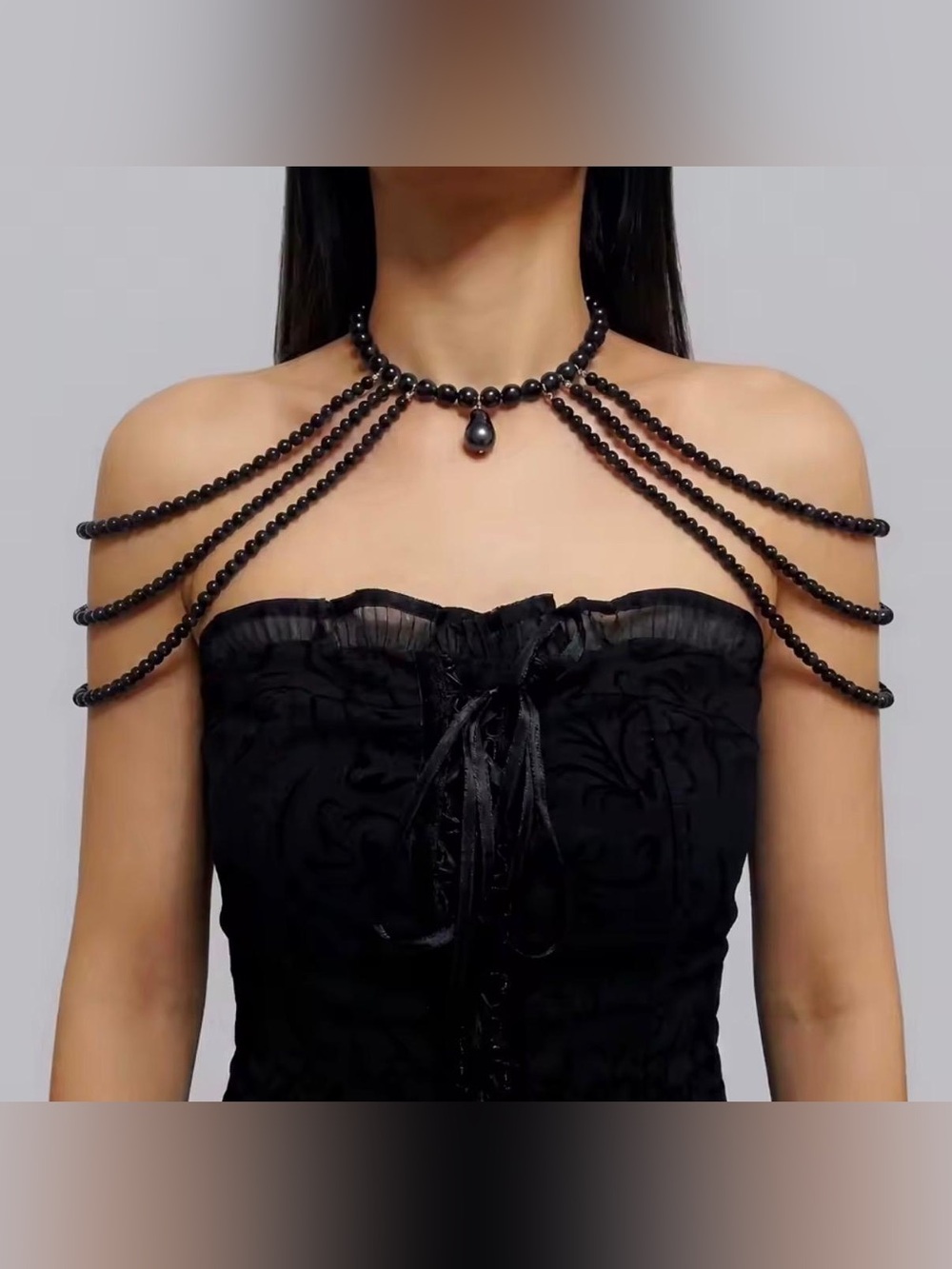 Black Beaded Shoulder Body Chain Necklace Gothic Statement Jewelry Festival